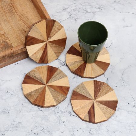 Modern Circle Shaped Brown Wooden Coasters - Pack of 4